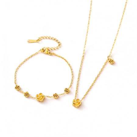 Flor Collar & Pulsera Al Por Mayor, Chapado en Oro de 18K 304 Acero Inoxidable Mujeres Respetuoso del Medio Ambiente Exquisito Elegante Regalo Joyería Para Minorista, 1 Par
