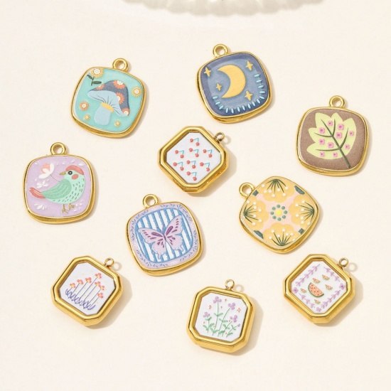 Picture of Eco-friendly PVD Vacuum Plating 304 Stainless Steel Charms 18K Gold Plated Multicolor Printed