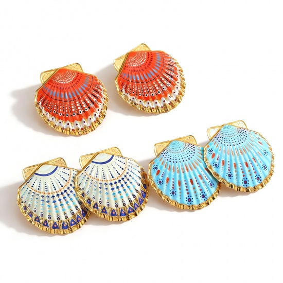 Picture of Wholesale Ocean Jewelry Stylish Ear Post Stud Earrings, Shell Painted 18K Gold Plated 304 Stainless Steel, Women's Eco-friendly PVD Vacuum Plating Gift Jewelry Supply, 4.4cm x 4.4cm