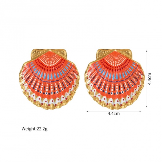 Picture of Wholesale Ocean Jewelry Stylish Ear Post Stud Earrings, Shell Painted 18K Gold Plated 304 Stainless Steel, Women's Eco-friendly PVD Vacuum Plating Gift Jewelry Supply, 4.4cm x 4.4cm