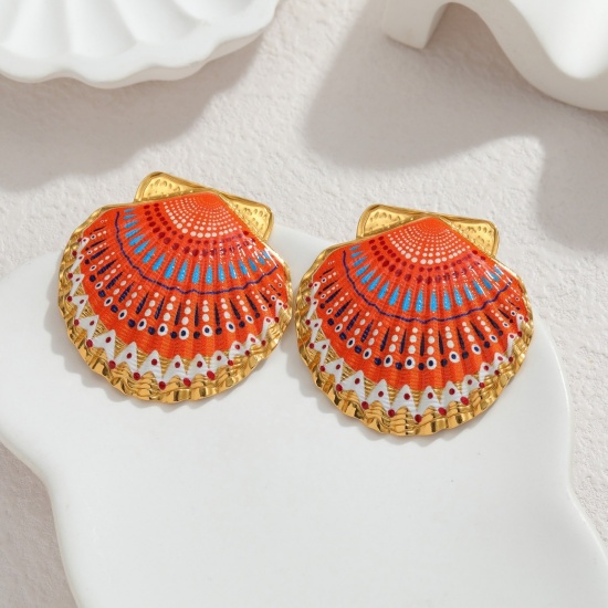 Picture of Wholesale Ocean Jewelry Stylish Ear Post Stud Earrings, Shell Painted 18K Gold Plated 304 Stainless Steel, Women's Eco-friendly PVD Vacuum Plating Gift Jewelry Supply, 4.4cm x 4.4cm