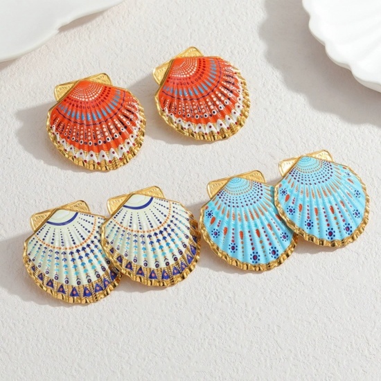 Picture of Wholesale Ocean Jewelry Stylish Ear Post Stud Earrings, Shell Painted 18K Gold Plated 304 Stainless Steel, Women's Eco-friendly PVD Vacuum Plating Gift Jewelry Supply, 4.4cm x 4.4cm