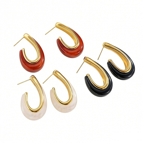 Picture of Wholesale Exquisite Stylish Ear Post Stud Earrings, U Shaped 18K Gold Plated 304 Stainless Steel, Women's Eco-friendly PVD Vacuum Plating Gift Jewelry Supply, 3.7cm x 1cm