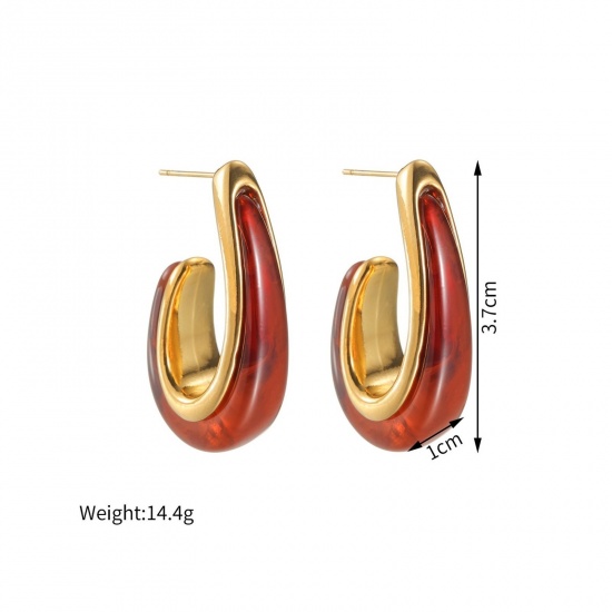 Picture of Wholesale Exquisite Stylish Ear Post Stud Earrings, U Shaped 18K Gold Plated 304 Stainless Steel, Women's Eco-friendly PVD Vacuum Plating Gift Jewelry Supply, 3.7cm x 1cm
