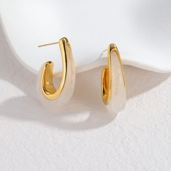 Picture of Wholesale Exquisite Stylish Ear Post Stud Earrings, U Shaped 18K Gold Plated 304 Stainless Steel, Women's Eco-friendly PVD Vacuum Plating Gift Jewelry Supply, 3.7cm x 1cm