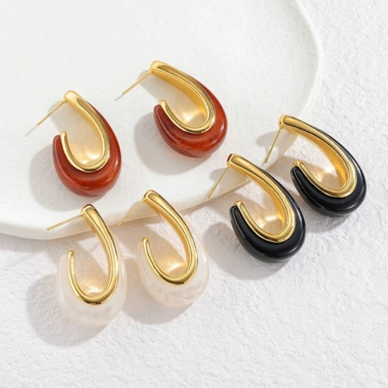 Picture of Wholesale Exquisite Stylish Ear Post Stud Earrings, U Shaped 18K Gold Plated 304 Stainless Steel, Women's Eco-friendly PVD Vacuum Plating Gift Jewelry Supply, 3.7cm x 1cm