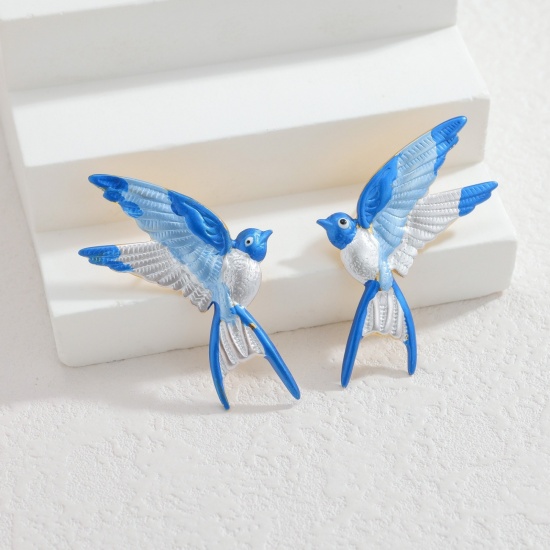 Picture of Wholesale Exquisite Stylish Ear Post Stud Earrings, White & Blue 18K Gold Plated 304 Stainless Steel, Women's Eco-friendly PVD Vacuum Plating Gift Jewelry Supply