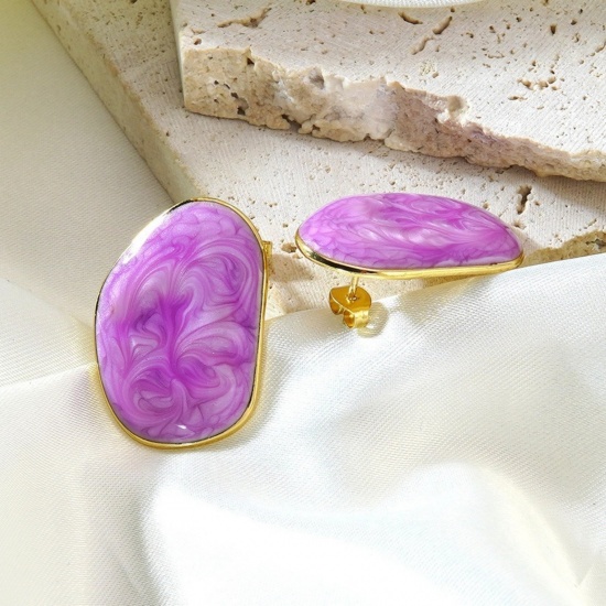 Picture of Wholesale Exquisite Stylish Ear Post Stud Earrings, Enamel 18K Gold Plated 304 Stainless Steel, Women's Eco-friendly PVD Vacuum Plating Gift Jewelry Supply, 3cm x 2cm