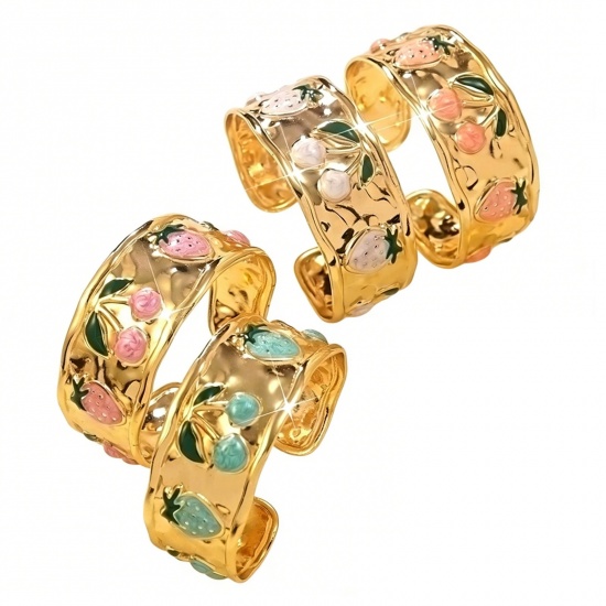 Picture of Wholesale Strawberry Fruit Enamel 304 Stainless Steel Open Cuff Bangles Bracelets, 18K Gold Plated Eco-friendly PVD Vacuum Plating, Women's Exquisite Stylish Gift Jewelry Supply, 5.5cm Dia.