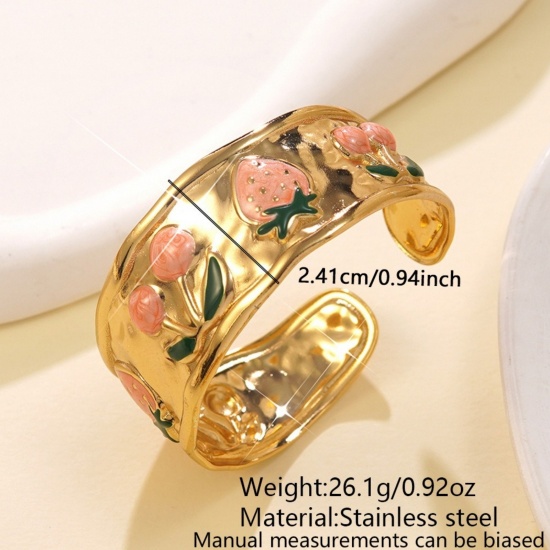 Picture of Wholesale Strawberry Fruit Enamel 304 Stainless Steel Open Cuff Bangles Bracelets, 18K Gold Plated Eco-friendly PVD Vacuum Plating, Women's Exquisite Stylish Gift Jewelry Supply, 5.5cm Dia.