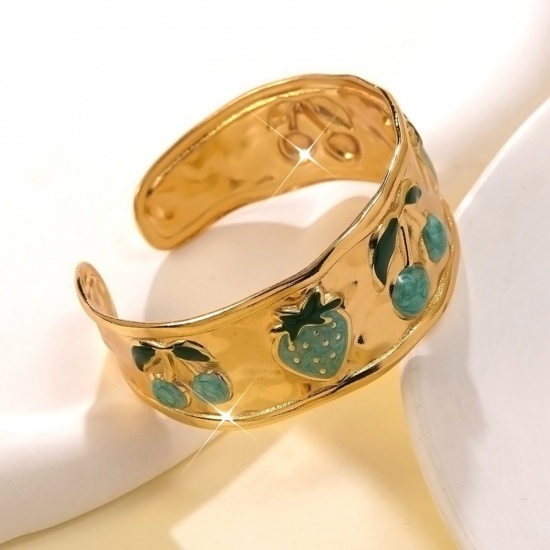 Picture of Wholesale Strawberry Fruit Enamel 304 Stainless Steel Open Cuff Bangles Bracelets, 18K Gold Plated Eco-friendly PVD Vacuum Plating, Women's Exquisite Stylish Gift Jewelry Supply, 5.5cm Dia.