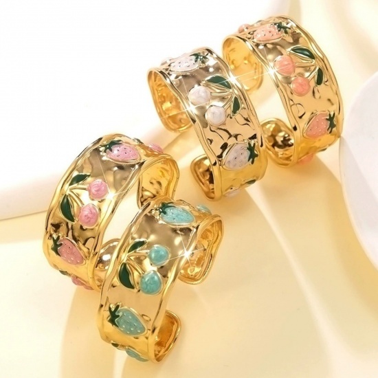 Picture of Wholesale Strawberry Fruit Enamel 304 Stainless Steel Open Cuff Bangles Bracelets, 18K Gold Plated Eco-friendly PVD Vacuum Plating, Women's Exquisite Stylish Gift Jewelry Supply, 5.5cm Dia.
