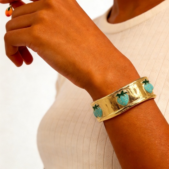 Picture of Wholesale Strawberry Fruit Enamel 304 Stainless Steel Open Cuff Bangles Bracelets, 18K Gold Plated Eco-friendly PVD Vacuum Plating, Women's Exquisite Stylish Gift Jewelry Supply, 5.5cm Dia.