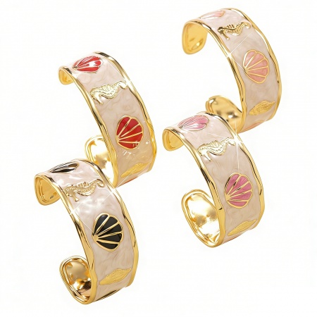 Picture of Wholesale Shell Enamel 304 Stainless Steel Open Cuff Bangles Bracelets, 18K Gold Plated Eco-friendly PVD Vacuum Plating, Women's Ocean Jewelry Stylish Gift Jewelry Supply, 5.5cm Dia.
