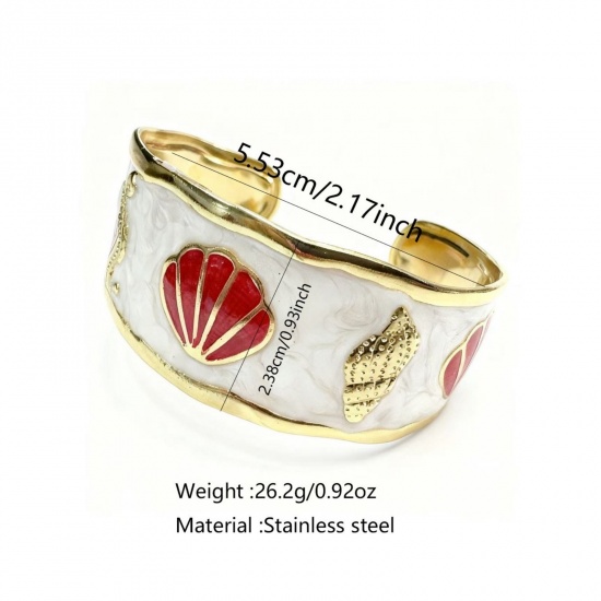 Image de Bracelet Manchette Jonc Semi-Ouvert En Gros Plaqué Or 18K en 304 Acier Inoxydable, Coquilles Émail Revêtement sous Vide PVD Respectueux de l'Environnement, aux Femmes Bijoux d'Océan À la Mode Cadeau Fournitures de Bijoux 5.5cm Dia., 1 Pièce