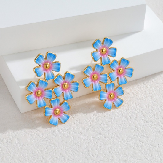 Picture of Wholesale Exquisite Stylish Ear Post Stud Earrings, Flower Enamel 18K Gold Plated 304 Stainless Steel, Women's Eco-friendly PVD Vacuum Plating Gift Jewelry Supply, 4.1cm x 3.2cm