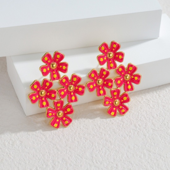 Picture of Wholesale Exquisite Stylish Ear Post Stud Earrings, Flower Enamel 18K Gold Plated 304 Stainless Steel, Women's Eco-friendly PVD Vacuum Plating Gift Jewelry Supply, 4.1cm x 3.2cm