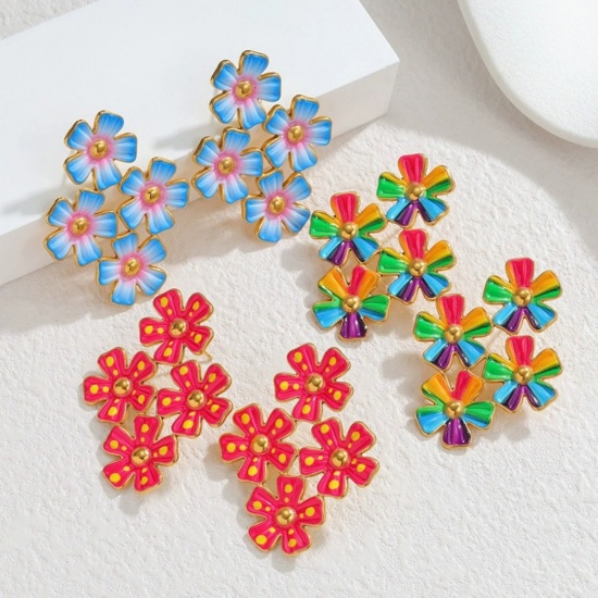 Picture of Wholesale Exquisite Stylish Ear Post Stud Earrings, Flower Enamel 18K Gold Plated 304 Stainless Steel, Women's Eco-friendly PVD Vacuum Plating Gift Jewelry Supply, 4.1cm x 3.2cm