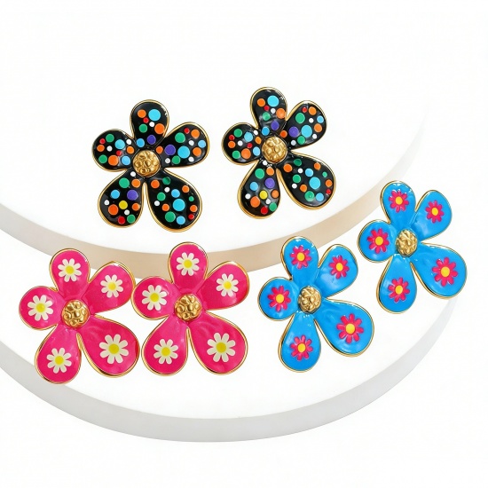 Picture of Wholesale Exquisite Stylish Ear Post Stud Earrings, Flower Enamel 18K Gold Plated 304 Stainless Steel, Women's Eco-friendly PVD Vacuum Plating Gift Jewelry Supply, 3.2cm x 3cm
