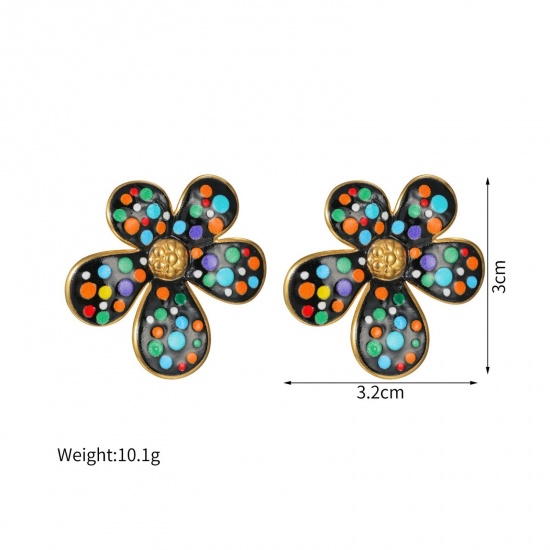 Picture of Wholesale Exquisite Stylish Ear Post Stud Earrings, Flower Enamel 18K Gold Plated 304 Stainless Steel, Women's Eco-friendly PVD Vacuum Plating Gift Jewelry Supply, 3.2cm x 3cm