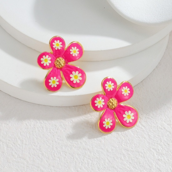Picture of Wholesale Exquisite Stylish Ear Post Stud Earrings, Flower Enamel 18K Gold Plated 304 Stainless Steel, Women's Eco-friendly PVD Vacuum Plating Gift Jewelry Supply, 3.2cm x 3cm