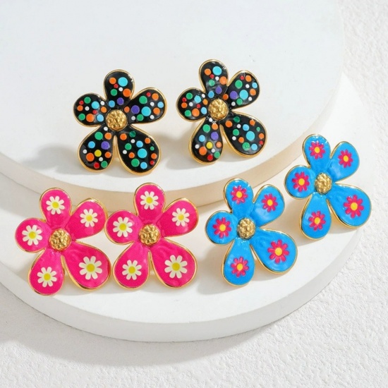 Picture of Wholesale Exquisite Stylish Ear Post Stud Earrings, Flower Enamel 18K Gold Plated 304 Stainless Steel, Women's Eco-friendly PVD Vacuum Plating Gift Jewelry Supply, 3.2cm x 3cm