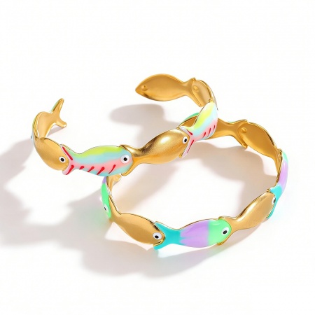 Immagine di Pesce Multicolore Smalto 304 Acciaio Inossidabile Aprire Braccialetti All'Ingrosso, Placcato Oro 18K Placcatura Sottovuoto PVD Ecologica, Donne Gioielli Oceanici Elegante Regalo Fornitura di Gioielli, 6.2cm Dia., 1 Pz