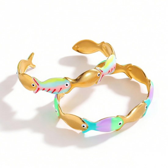 Picture of Wholesale Fish Animal Multicolor Enamel 304 Stainless Steel Open Cuff Bangles Bracelets, 18K Gold Plated Eco-friendly PVD Vacuum Plating, Women's Ocean Jewelry Stylish Gift Jewelry Supply, 6.2cm Dia.