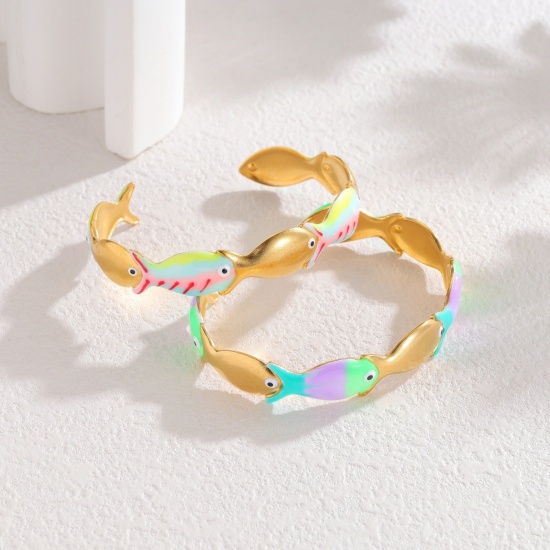 Picture of Wholesale Fish Animal Multicolor Enamel 304 Stainless Steel Open Cuff Bangles Bracelets, 18K Gold Plated Eco-friendly PVD Vacuum Plating, Women's Ocean Jewelry Stylish Gift Jewelry Supply, 6.2cm Dia.