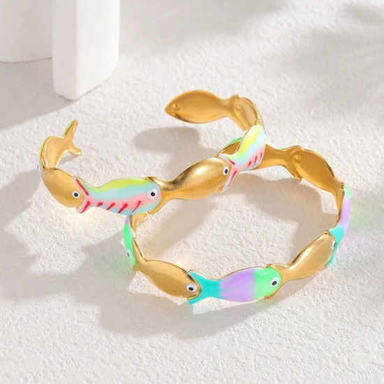 Picture of Wholesale Fish Animal Multicolor Enamel 304 Stainless Steel Open Cuff Bangles Bracelets, 18K Gold Plated Eco-friendly PVD Vacuum Plating, Women's Ocean Jewelry Stylish Gift Jewelry Supply, 6.2cm Dia.