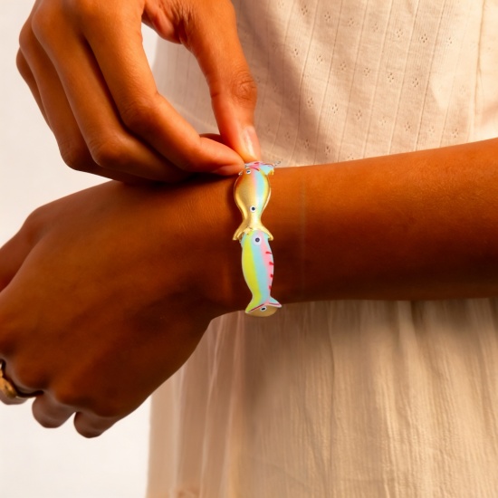 Picture of Wholesale Fish Animal Multicolor Enamel 304 Stainless Steel Open Cuff Bangles Bracelets, 18K Gold Plated Eco-friendly PVD Vacuum Plating, Women's Ocean Jewelry Stylish Gift Jewelry Supply, 6.2cm Dia.