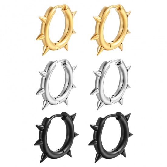 Picture of Wholesale Punk Hip Hop Huggie Hoop Earrings, Rivet Round Disc Multicolor 304 Stainless Steel, Men's Vacuum Plating Gift Jewelry Supply, 21mm x 16mm, 2 PCs