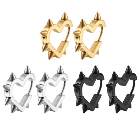 Picture of Wholesale Punk Hip Hop Huggie Hoop Earrings, Rivet Heart Multicolor 304 Stainless Steel, Men's Vacuum Plating Gift Jewelry Supply, 20mm x 19mm, 1 Pair