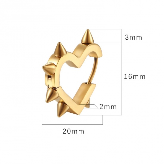 Imagen de Punk Hip Hop Aros De Aro Abrazador Al Por Mayor, Remache Corazón Multicolor 304 Acero Inoxidable, Masculino Enchapado al Vacío Regalo Suministro de Joyería, 20mm x 19mm, 1 Par