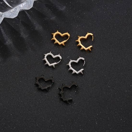 Imagen de Punk Hip Hop Aros De Aro Abrazador Al Por Mayor, Remache Corazón Multicolor 304 Acero Inoxidable, Masculino Enchapado al Vacío Regalo Suministro de Joyería, 20mm x 19mm, 1 Par