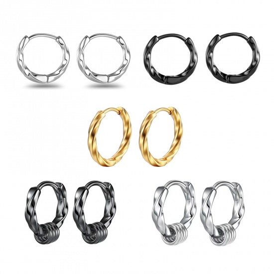 Picture of Wholesale Ins Style Minimalist Huggie Hoop Earrings, Round Twisted Multicolor 304 Stainless Steel, Unisex Vacuum Plating Gift Jewelry Supply, 12mm Dia., 1 Pair