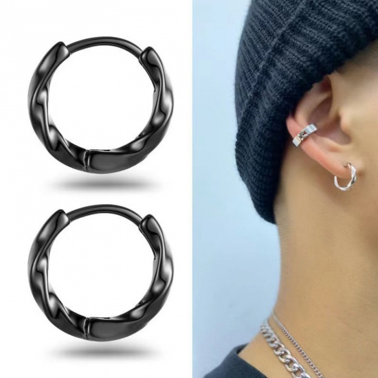 Picture of Wholesale Ins Style Minimalist Huggie Hoop Earrings, Round Twisted Multicolor 304 Stainless Steel, Unisex Vacuum Plating Gift Jewelry Supply, 12mm Dia., 1 Pair
