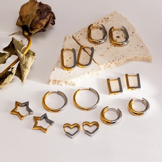 Imagen de Elegante Minimalista Aros De Aro Abrazador Al Por Mayor, Geométrico Dos Colores Plata y Chapado en Oro de 18K 304 Acero Inoxidable, Unisex Enchapado al Vacío Regalo Suministro de Joyería, 1 Par