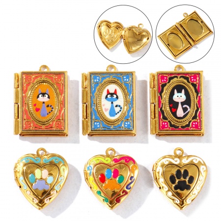 Immagine di 1 Pz Placcatura Sottovuoto PVD Ecologica Impermeabile Anti-Ossidante Ipoallergenico 304 Acciaio Inossidabile Memoriale dell'animale Ciondoli con Medaglione Fotografico 18K Vero Oro Placcato Multicolore Smalto Possibile Aprire