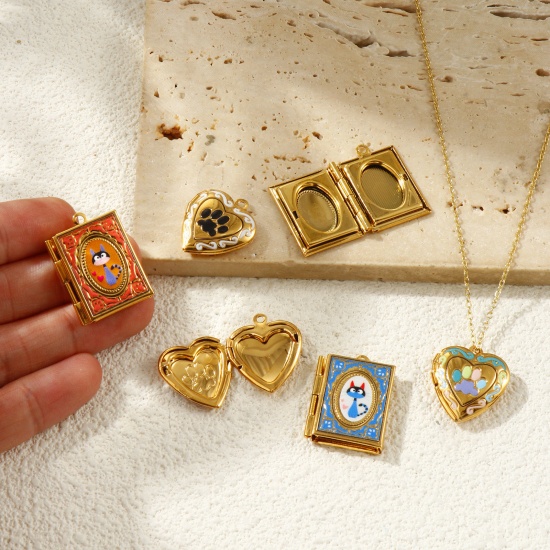 Picture of Eco-friendly PVD Vacuum Plating Waterproof Anti-Tarnish Hypoallergenic 304 Stainless Steel Pet Memorial Picture Photo Locket Frame Pendants 18K Real Gold Plated Multicolor Enamel Can Open