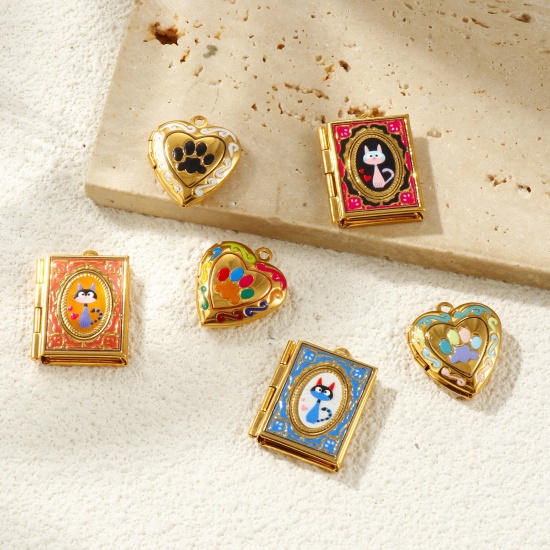 Picture of Eco-friendly PVD Vacuum Plating Waterproof Anti-Tarnish Hypoallergenic 304 Stainless Steel Pet Memorial Picture Photo Locket Frame Pendants 18K Real Gold Plated Multicolor Enamel Can Open