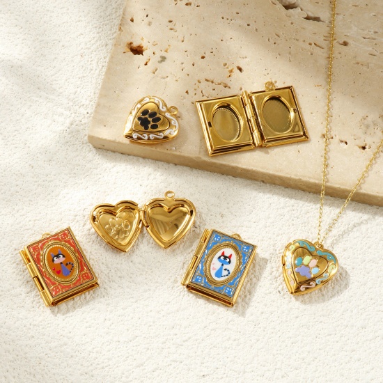 Picture of Eco-friendly PVD Vacuum Plating Waterproof Anti-Tarnish Hypoallergenic 304 Stainless Steel Pet Memorial Picture Photo Locket Frame Pendants 18K Real Gold Plated Multicolor Enamel Can Open