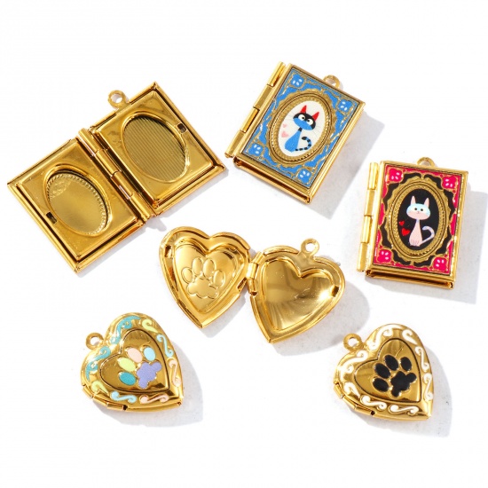 Picture of Eco-friendly PVD Vacuum Plating Waterproof Anti-Tarnish Hypoallergenic 304 Stainless Steel Pet Memorial Picture Photo Locket Frame Pendants 18K Real Gold Plated Multicolor Enamel Can Open
