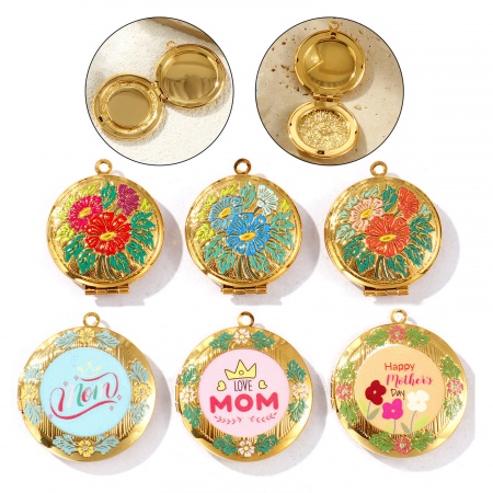 Immagine di 1 Pz Placcatura Sottovuoto PVD Ecologica Impermeabile Anti-Ossidante Ipoallergenico 304 Acciaio Inossidabile Festa Della Mamma Ciondoli con Medaglione Fotografico 18K Vero Oro Placcato Multicolore Smalto Possibile Aprire