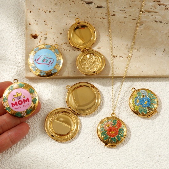 Picture of Eco-friendly PVD Vacuum Plating Waterproof Anti-Tarnish Hypoallergenic 304 Stainless Steel Mother's Day Picture Photo Locket Frame Pendants 18K Real Gold Plated Multicolor Enamel Can Open