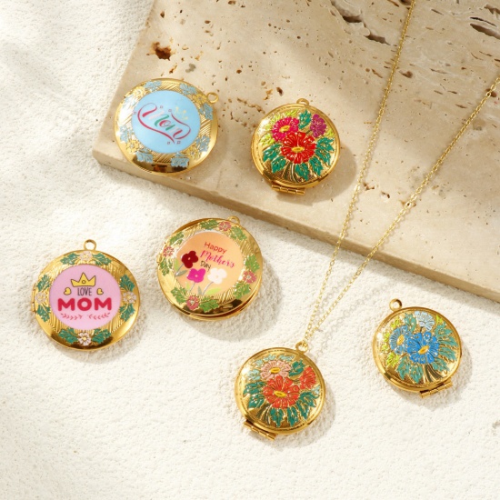 Picture of Eco-friendly PVD Vacuum Plating Waterproof Anti-Tarnish Hypoallergenic 304 Stainless Steel Mother's Day Picture Photo Locket Frame Pendants 18K Real Gold Plated Multicolor Enamel Can Open