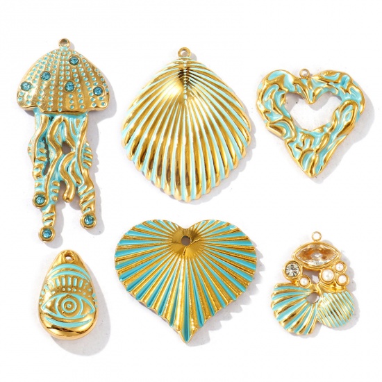 Picture of Eco-friendly PVD Vacuum Plating Waterproof Anti-Tarnish Hypoallergenic 304 Stainless Steel Charms 18K Real Gold Plated Green Enamel