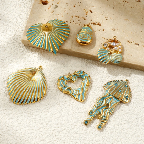 Picture of Eco-friendly PVD Vacuum Plating Waterproof Anti-Tarnish Hypoallergenic 304 Stainless Steel Charms 18K Real Gold Plated Green Enamel
