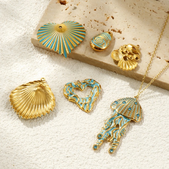 Picture of Eco-friendly PVD Vacuum Plating Waterproof Anti-Tarnish Hypoallergenic 304 Stainless Steel Charms 18K Real Gold Plated Green Enamel