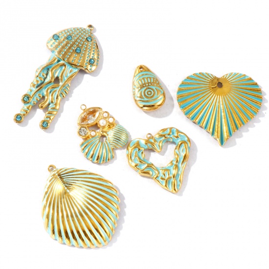 Picture of Eco-friendly PVD Vacuum Plating Waterproof Anti-Tarnish Hypoallergenic 304 Stainless Steel Charms 18K Real Gold Plated Green Enamel